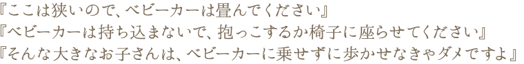 『ここは狭いので、ベビーカーは畳んでください』『ベビーカーは持ち込まないで、抱っこするか椅子に座らせてください』『そんな大きなお子さんは、ベビーカーに乗せずに歩かせなきゃダメですよ』